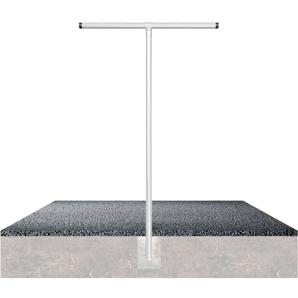 Laundry drying stand T-shape, steel tube 60mm | cross tube with 8 round pins 10x40mm | t-connector, 2-part with bolt M10 | total height: 2500mm | total width: 1500mm | with ground anchor, | hot-dip galvanized